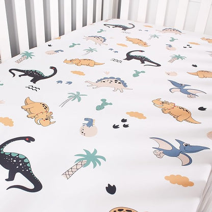 Belsden Pack of 3 Dinosaur Fitted Crib Sheet Set for Baby Boy, Universal Fits Standard Size Crib and Toddler Mattress 28" x 52", Soft Breathable and Machine Washable, Dino & Navy & Gray