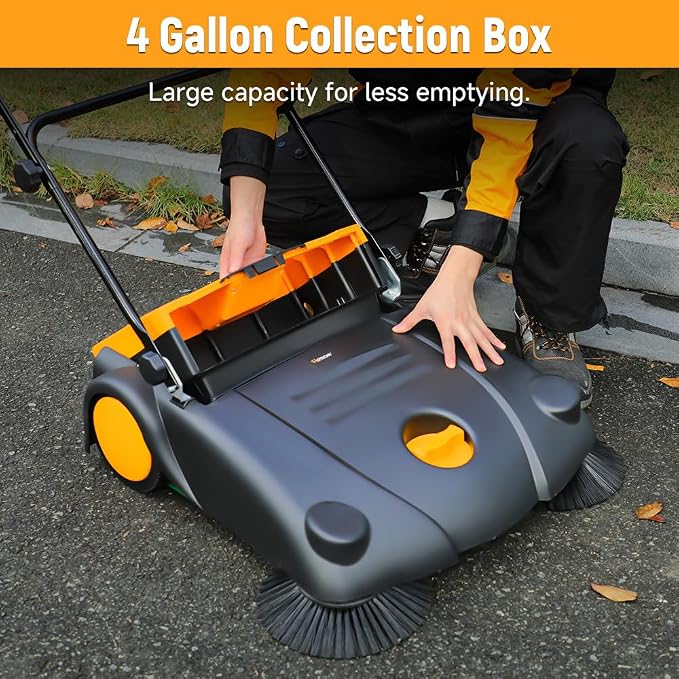 Hoteche 28-Inch Walk Behind Outdoor Manual Push Floor Sweeper, 4-Gallon Capacity - Image 3