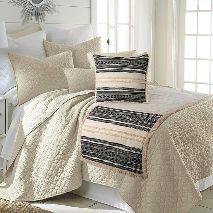 The HomeCentric Beige Bed Runner Without Pillow Cover, King Size 90"x18" Decorative Bed Runner, Beige & Black Linen Bed Scarf in Quilted, Natural Linen with Lace - Moroccan Vibe