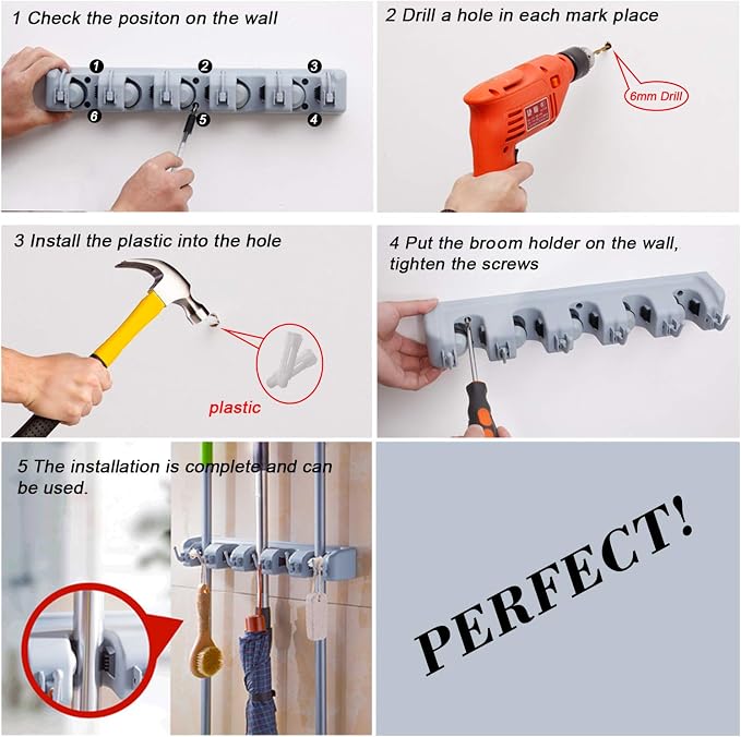 Wall Mount Broom Mop Holder Hanger Garden Tool Organizers Rack Garage Laundry - Image 3