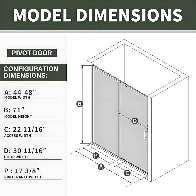 44-48" W x 71" H Pivot Glass Shower Door, Grid Pattern, 1/4" Thick SGCC - Image 2