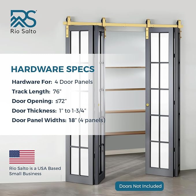 Rio Salto Gold Bifold Sliding Barn Door Hardware Kit Heavy Duty Metal Track - Image 4