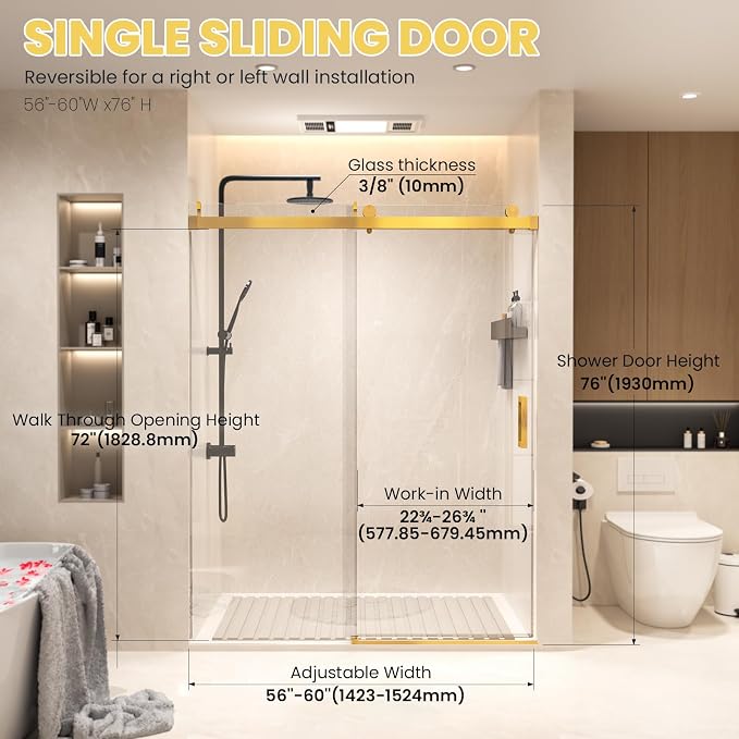 Shower Door 56–60 in W x 76 in H 3/8" Tempered Glass Sliding Shower Door - Image 7