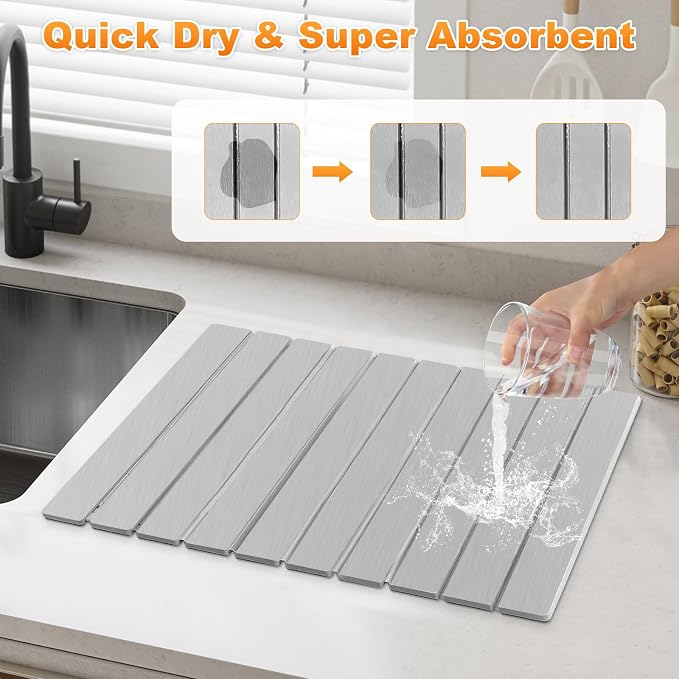 Stone Dish Drying Mat for Kitchen Counter, Collapsible Dish Drying Mat 24"×16" - Image 3