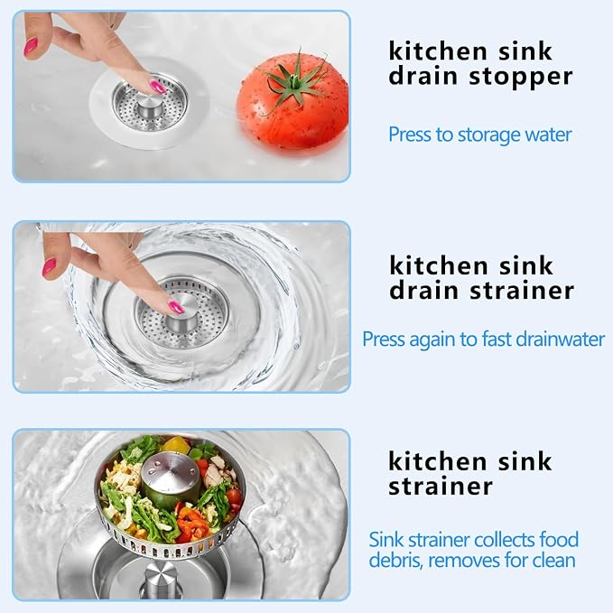 3-in-1 Kitchen Sink Drain Strainer & Stopper, Stainless Steel Food Catcher Plug - Image 3