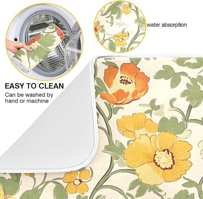 Retro Yellow Orange Flowers Dish Drying Mat - Image 2