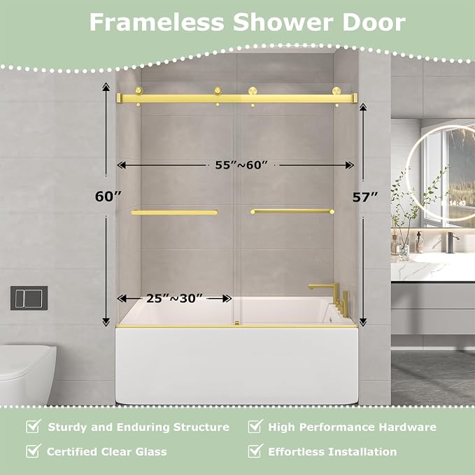55"-60" W x 60" H Frameless Bathtub Shower Door, Double Sliding Shower Door - Image 3