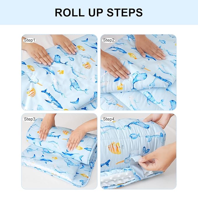 david's kids Toddler Nap Mat with Removable Pillow and Minky Fleece Blanket, Ultra Soft Slumber Bags for Boys, Perfect for Preschool, Daycare, Kids Sleeping Bags with Rollup Design, 50"x20", Whale