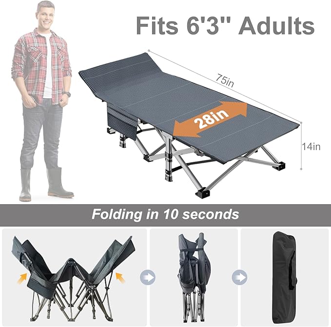 ABORON Camping Cot for Adult 28" Extra Wide, 2PK Heavy-Duty 1200D Oxford Cot for Sleeping, Portable Folding Camp Bed with Mat & Carry Bag