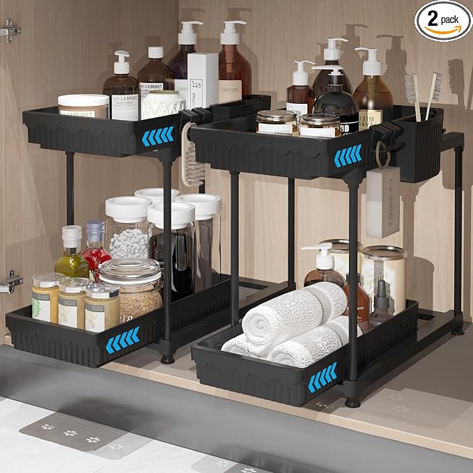 2 Pack Double Sliding Under Sink Organizers and Storage, 2 Tier Under Bathroom by Sevenblue