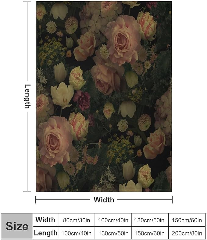 Black Floral Blanket, Rustic Watercolor Botanical Rose Peony Vintage Leaves Plant Boho Gothic Print Throw Blankets for Bed Living Room Bedding Couch Soft Decor, 30"x40"
