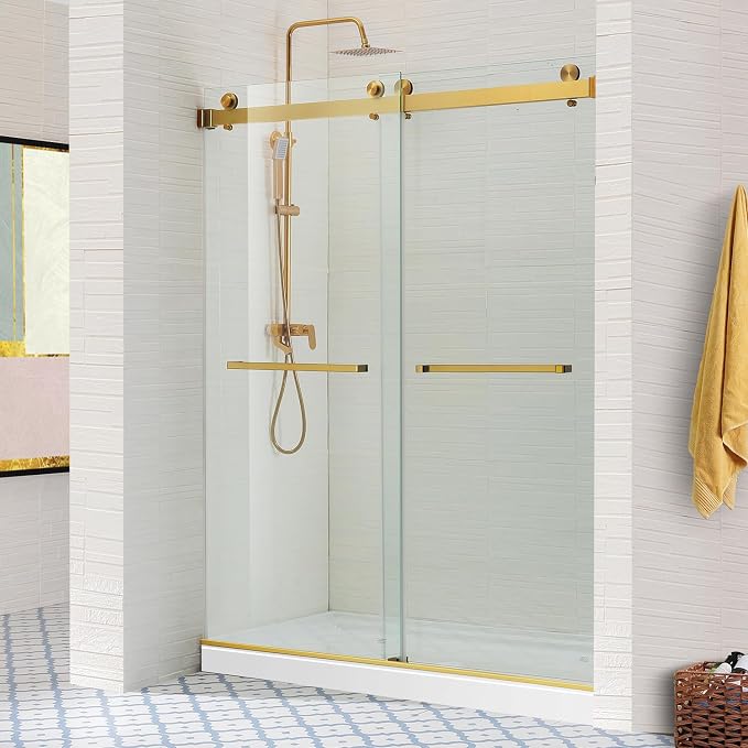 Brushed Gold Shower Door, 56-60''W x 76''H Frameless Double Sliding Glass Door by Glazenclos