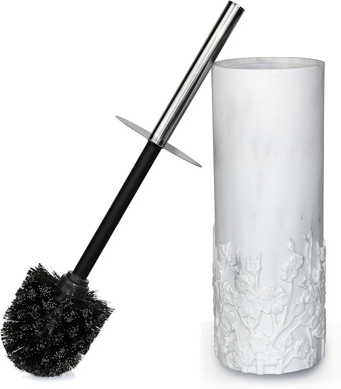 Marble Cherry Blossom Design Resin Toilet Brush and Holder Set by IndecorHome