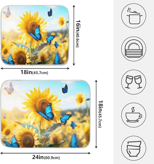 Blooming Sunflowers Blue Butterfly03 Dish Drying Mat - Image 2