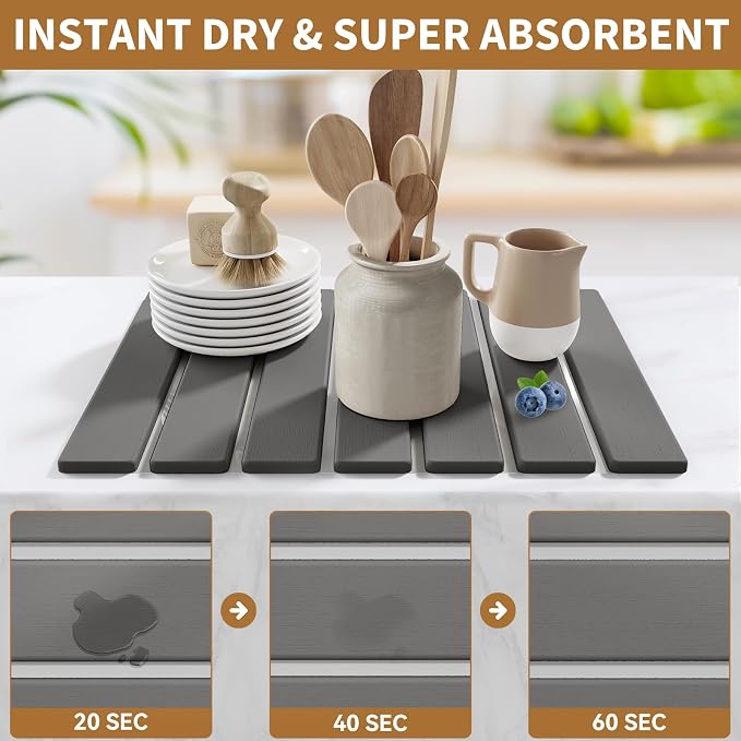 Stone Dish Drying Mat for Kitchen Counter, 15.5''x11.8'' Foldable Quick Dry - Image 3