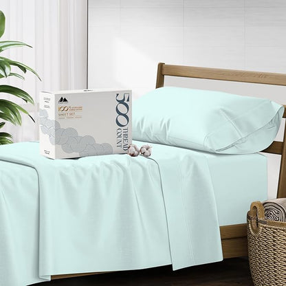 Mayfair Linen 500 Thread Count Twin XL Cotton Sheets - 3 PC Twin XL Size Bed Sheet Set Cotton (Sea Foam), Ultra Soft, Cooling, Sateen Weave Hotel-Quality 16" Deep Pocket Bedsheet (Fits 18" Mattress)