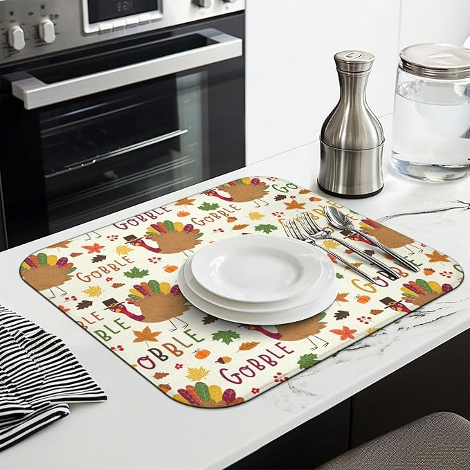 Thanksgiving Dish Drying Mat for Kitchen Counter, Cream Turkey Pattern - Image 3