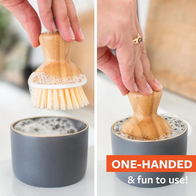 Full Circle Bubble Up Bamboo Dish Brush & Ceramic Soap Dispenser – Family Safe - Image 7