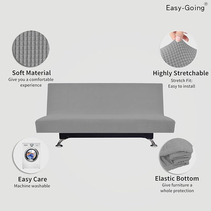 Easy-Going Stretch Futon Slipcover Armless Sofa Cover Furniture Protector Without Armrests Slipcover Soft with Elastic Bottom for Kids, Spandex Jacquard Small Check (futon,Light Gray)