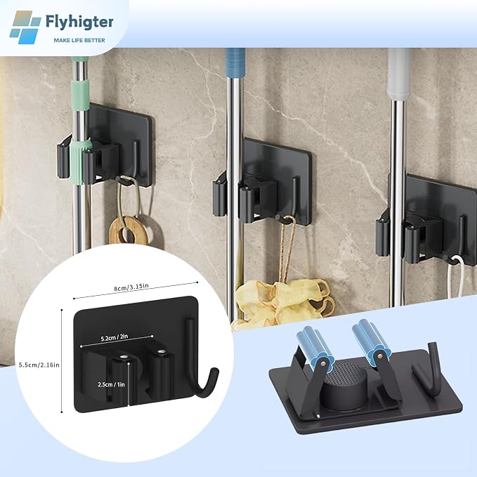5 Pack Heavy Duty Mop and Broom Holder Wall Mount, No Drill Self Adhesive - Image 3