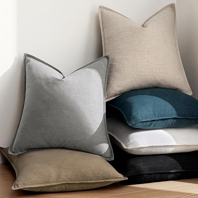 EMEMA Decorative Linen Throw Pillow Covers 18x18 Inch Natural Beige Boho Farmhouse Neutral Couch Throw Pillows for Bed Pack of 2 Accent Pillowcase Modern Sofa Cushion Livingroom Home