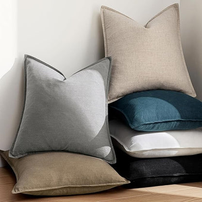 EMEMA Decorative Linen Throw Pillow Covers 18x18 Inch Natural Beige Boho Farmhouse Neutral Couch Throw Pillows for Bed Pack of 2 Accent Pillowcase Modern Sofa Cushion Livingroom Home