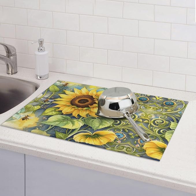 Sunflower Bee Dish Drying Mat Highly Absorbent Double-Sided Microfiber - Image 3