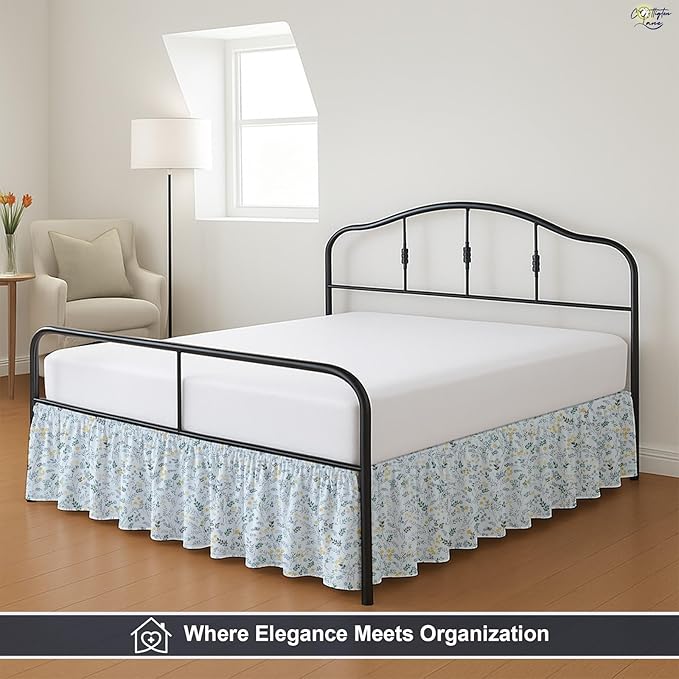 Cottington Lane Ruffled Bed Skirt Full Size with Split Corner, Brushed Microfiber Hotel Quality Dust Ruffle, 24 Inch Drop Gathered Bedskirt, Soft, Stylish, Shrink & Fade Resistant, Garden Bloom