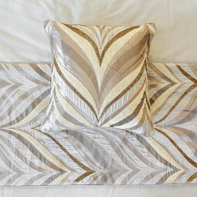 The HomeCentric King/Queen/Twin Ivory Luxury Queen 74"x18" Bed Runner with Two Pillow Cover, Bead Hand Embroidery Bed Scarf on Jacquard Fabric - Clarissa Serene