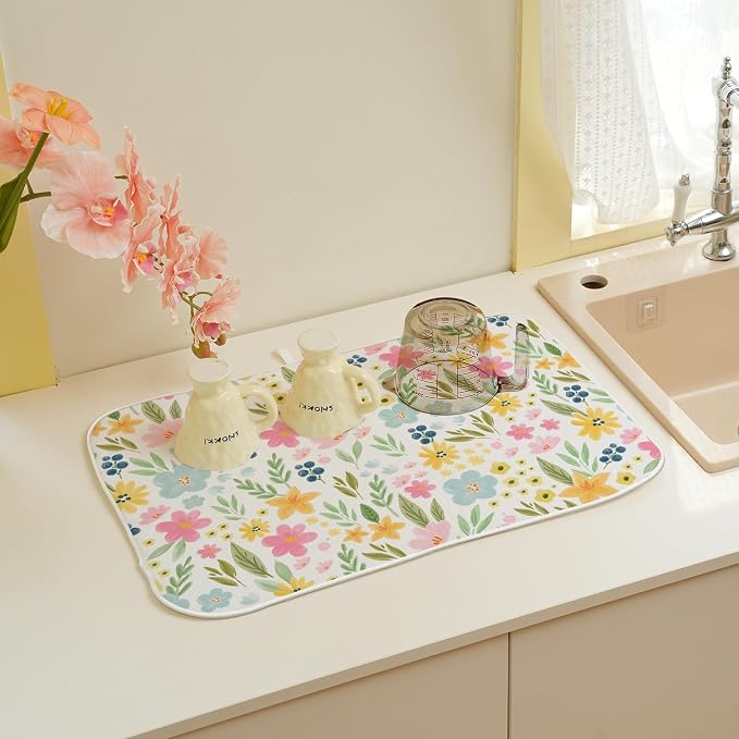 Spring Yellow Pink Blue Floral Dish Drying Mats 18x24 Inch Watercolor Flower - Image 5
