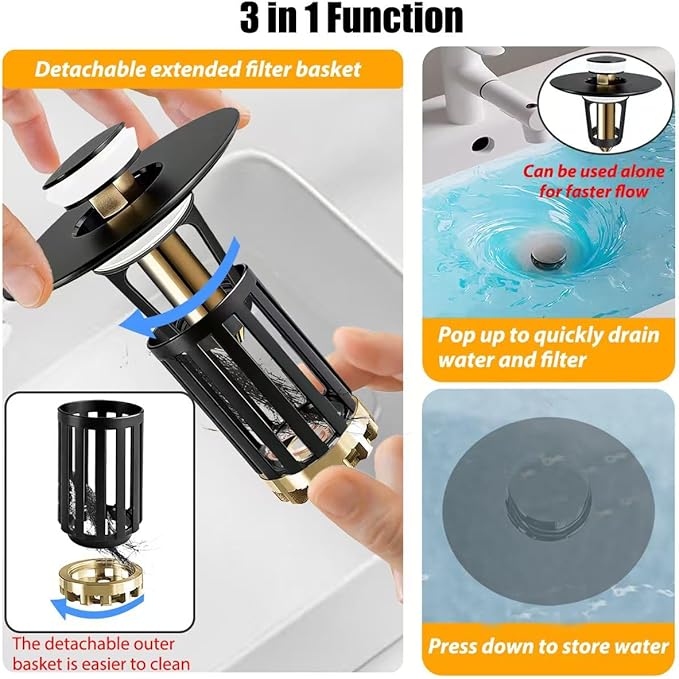 3 in 1 Pop Up Bathroom Sink Stopper, Bathroom Sink Drain Strainer, - Image 3