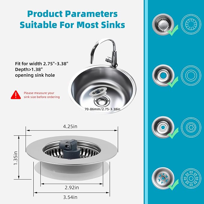 Hibbent 3 in 1 Kitchen Sink Drain Strainer, Stainless Steel Wrapped Shell Drain - Image 8