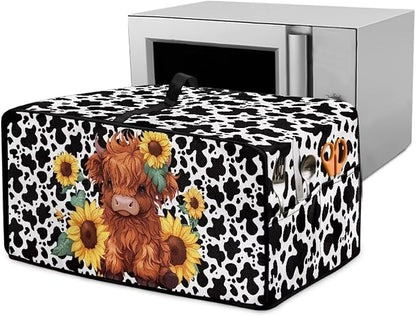 Microwave Oven Cover with Storage Pockets Waterproof Toaster Oven Dust Cover Universal Kitchen Appliance Protector, Cartoon Highland Cattle Sunflower Cow Print, S