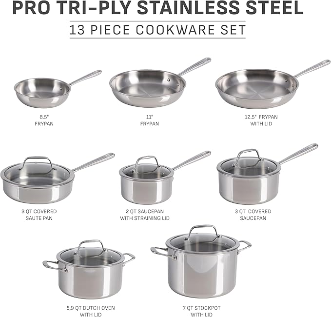 T-fal Pro Tri-Ply Stainless Steel Cookware Set 13 Piece Induction Compatible - Image 2