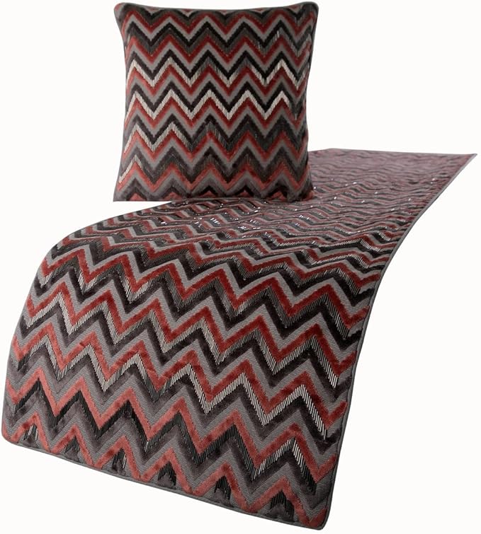 The HomeCentric Grey Bed Runner, Queen Size 74"x18" Decorative Bed Runner with 2 Matching Pillow Cover, Peach & Grey Velvet Bed Scarf in Bead Embroidery - Blushed Chevron