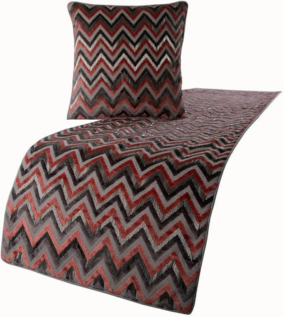 The HomeCentric Grey Bed Runner, Queen Size 74"x18" Decorative Bed Runner with 2 Matching Pillow Cover, Peach & Grey Velvet Bed Scarf in Bead Embroidery - Blushed Chevron