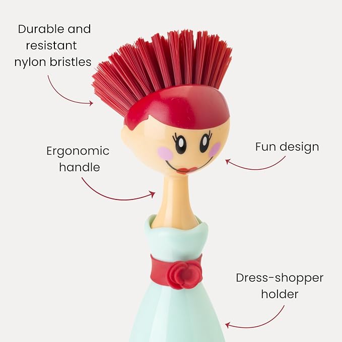 Vigar Dolls Dish Brush with Ergonomic Handle and Dres-shaped Storage Holder - Image 3