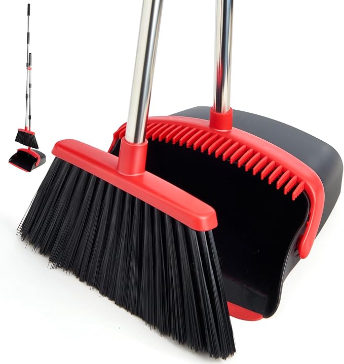 Broom and Dustpan Set with Long Handle, Heavy Dust Broom and Dustpan Combo by XXFLOWER