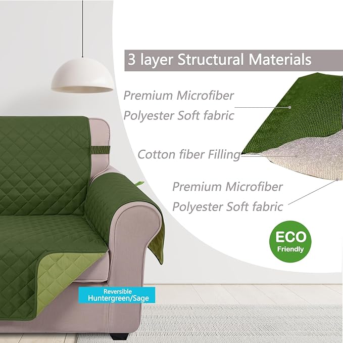 U-NICE HOME Large Sofa Cover Reversible Couch Cover for Dogs with Elastic Straps Water Resistant Furniture Protector for Pets Couch Cover for 4 Cushion Couch (Oversized Sofa, Huntergreen/Sage)