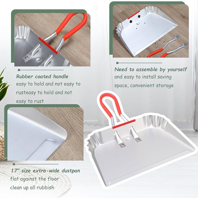 Pasimy 2 Pack 17" Metal Dust Pan and Brush Set, Large Heavy Duty Handheld - Image 3
