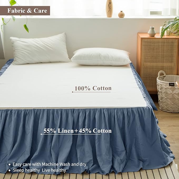 BISELINA French Linen Bed Skirt with Pleated Frills 22-Inch Tailored Drop Natural Flax Cotton Blend Dust Ruffle Soft Cozy Farmhouse Bedding (22" King, Navy Blue)