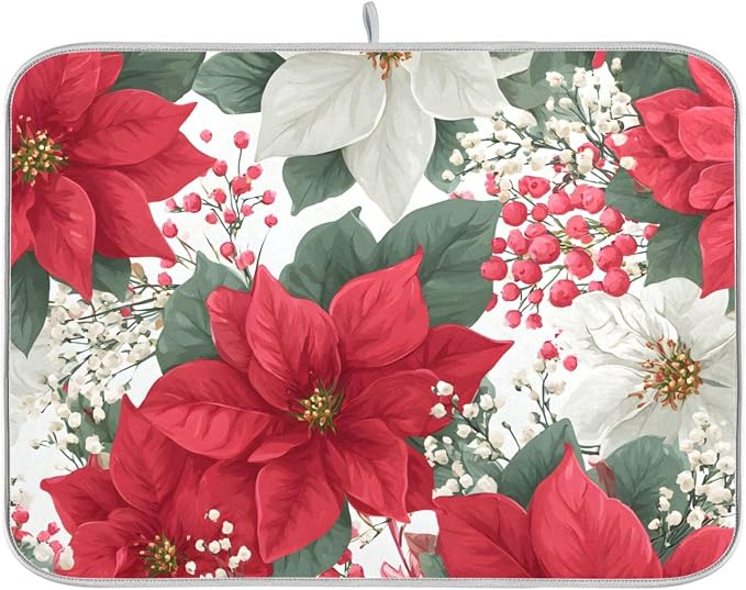 Red Poinsettias and Leaves Dish Drying Mat by OTVEE