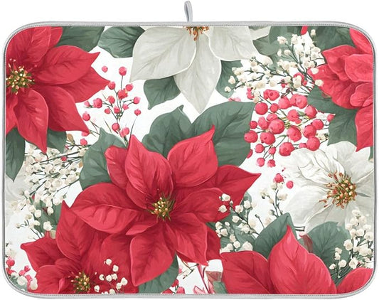 Red Poinsettias and Leaves Dish Drying Mat by OTVEE