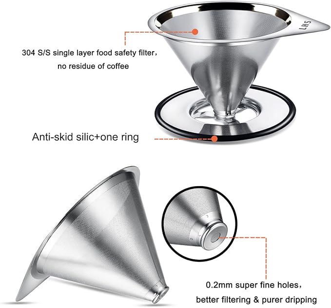 LHS Pour Over Coffee Dripper Stainless Steel Coffee Filter Metal Cone Filter - Image 5