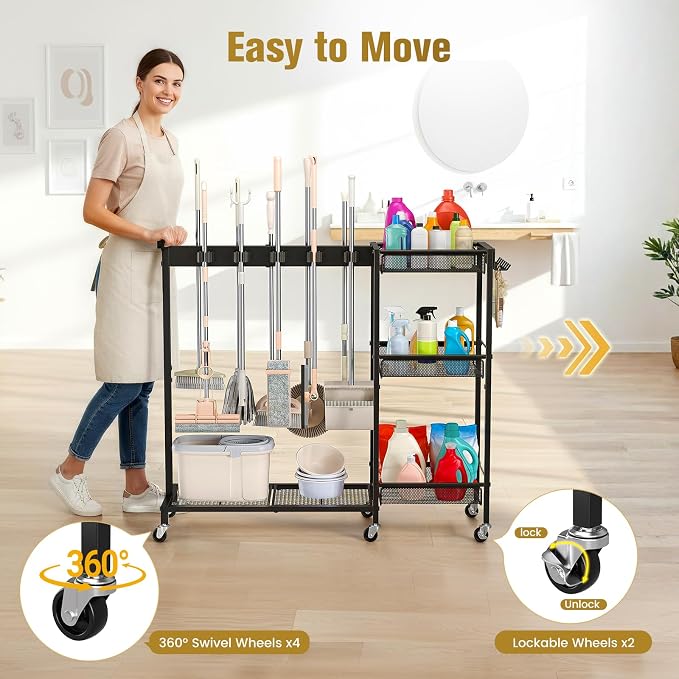 Broom Holder with Cleaning Supplies Organizer, Cleaning Utility Cart on Wheels - Image 7