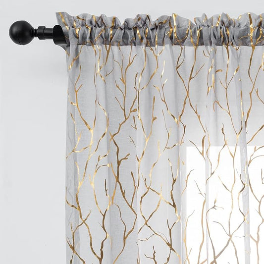 FINECITY Gold Grey Sheer Curtains 72 Inches Long 2 Panels Metallic Gold Shimmer by FINECITY