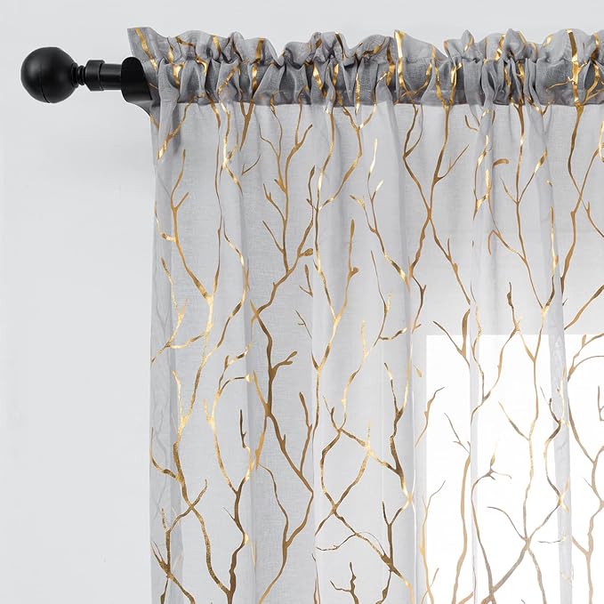FINECITY Gold Grey Sheer Curtains 96 Inches by FINECITY
