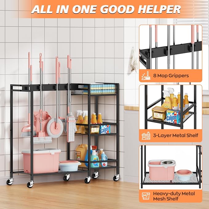 Broom and Mop Holder, Broom Closet Storage Cabinet - Image 4