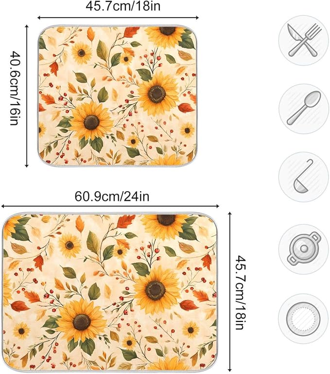 Watercolor Sunflowers Autumn Leaves Dish Drying Mat - Image 3