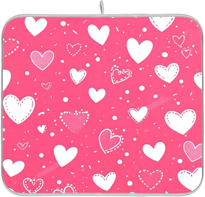 Hot Pink Love Dish Drying Mat for Kitchen Countertop 16x18 Happy Valentine’s by Wamika